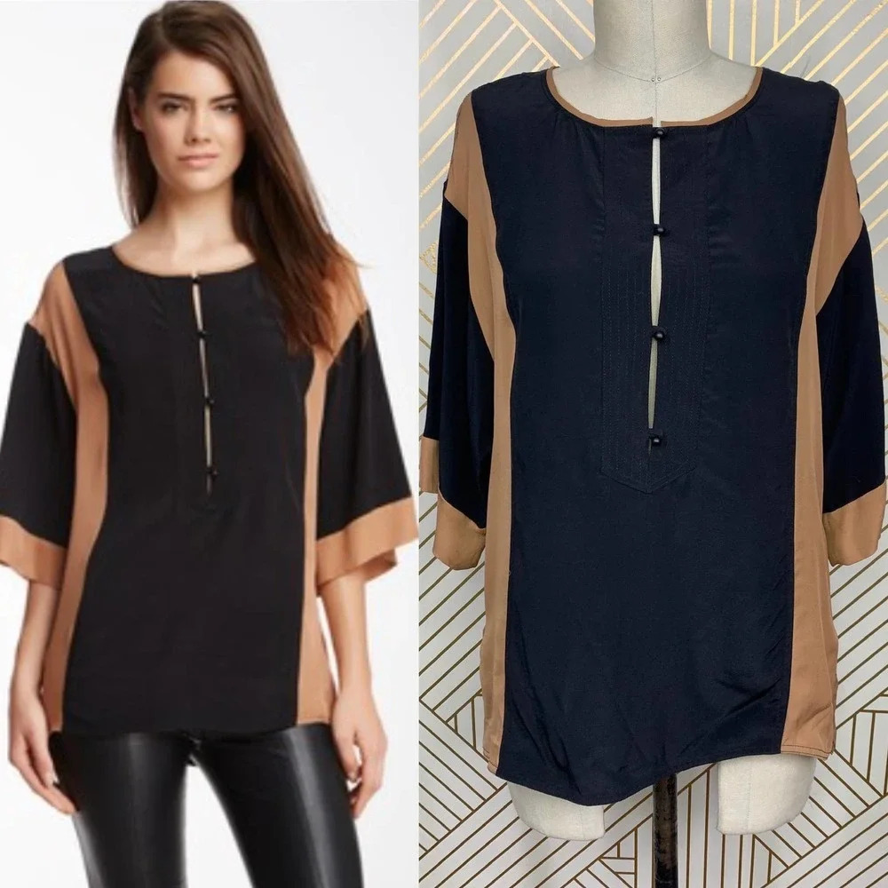 ALC A.L.C Jill Blouse Top Shirt Keyhole Silk Colorblock Black Tan Size US‎ XS